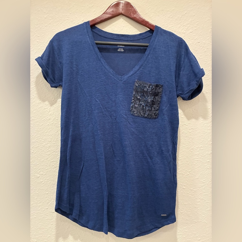 Tommy Hilfiger Linen Blue Cuffed Sleeve V-neck T-Shirt XS